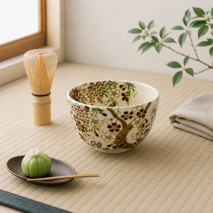 Japanese Matcha Bowl "Weeping Cherry Blossoms" – Handcrafted Kyo Ware (Kiyomizu Ware) Tea Bowl