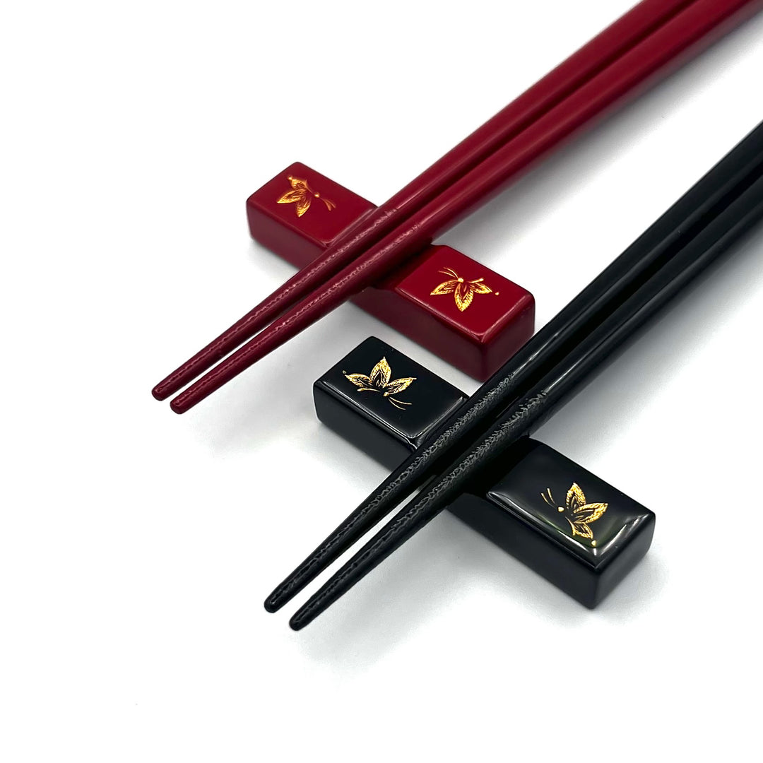 Kawatsura Lacquerware Butterfly Design Pair Chopsticks with Textured Tips and Matching Chopstick Rests (Engravable)