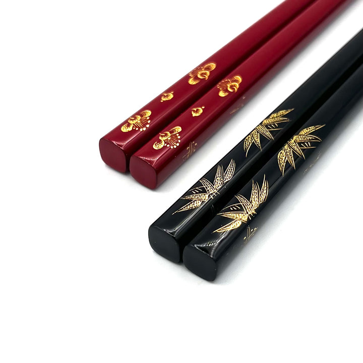 Kawatsura Lacquerware  Shochikubai Motif Pair Chopsticks with Textured Tips (Engravable)