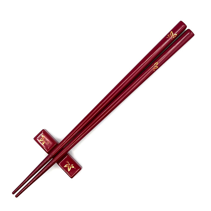 Kawatsura Lacquerware Chopsticks with Textured Dry Lacquer Tips and Butterfly Design, with Matching Chopstick Rest (Engravable)