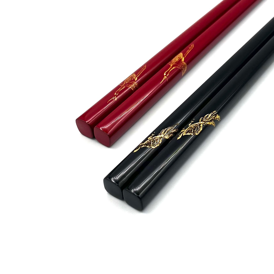 Kawatsura Lacquerware Chopsticks with Crane Motif and Textured Tips (Engravable)