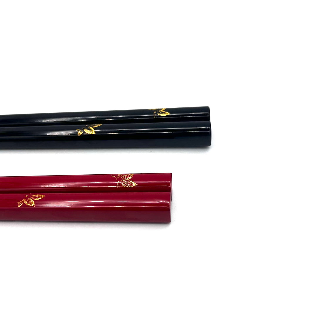 Kawatsura Lacquerware Chopsticks with Textured Dry Lacquer Tips and Butterfly Design, with Matching Chopstick Rest (Engravable)