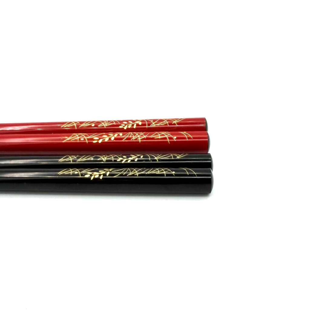 Wajima Lacquerware Chinkin Chopsticks Pair Set – Rice Ear Motif, Black & Red