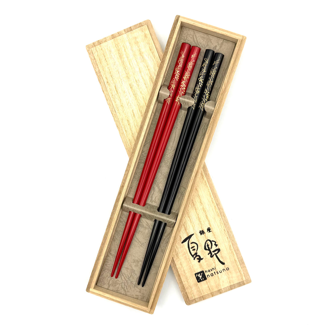 Wajima Lacquerware Chinkin Chopsticks – Rice Ear Motif, Black, Paulownia Gift Box