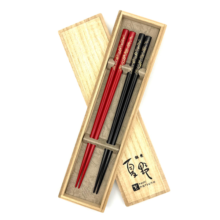 Wajima Lacquerware Chinkin Chopsticks – Rice Ear Motif, Black, Paulownia Gift Box