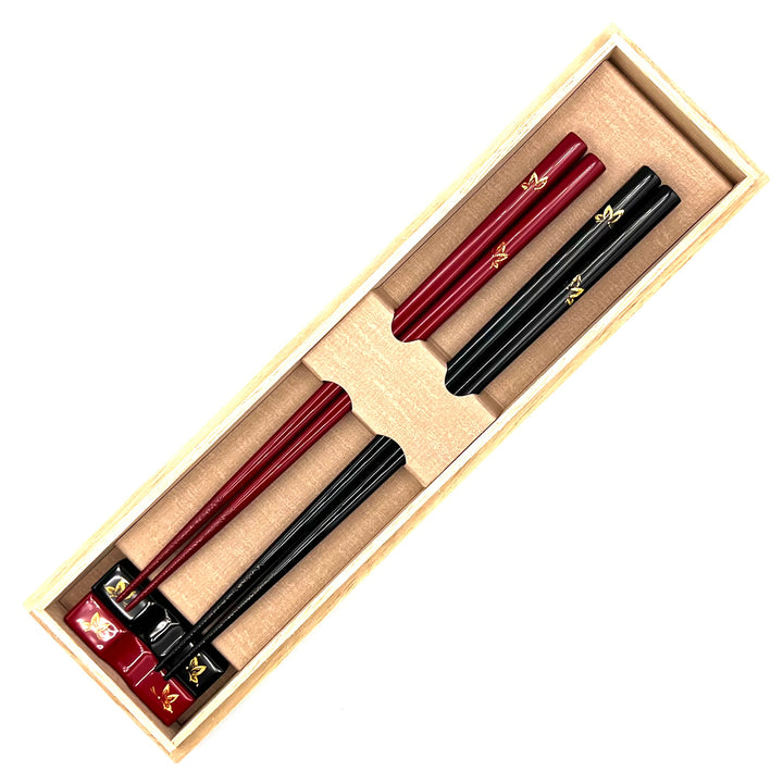 Kawatsura Lacquerware Chopsticks with Textured Dry Lacquer Tips and Butterfly Design, with Matching Chopstick Rest (Engravable, in Paulownia Box)