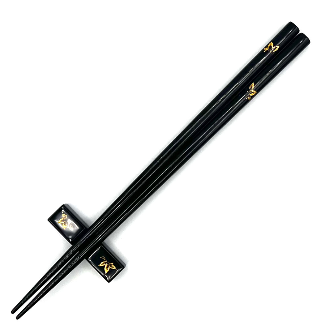 Kawatsura Lacquerware Chopsticks with Textured Dry Lacquer Tips and Butterfly Design, with Matching Chopstick Rest (Engravable)