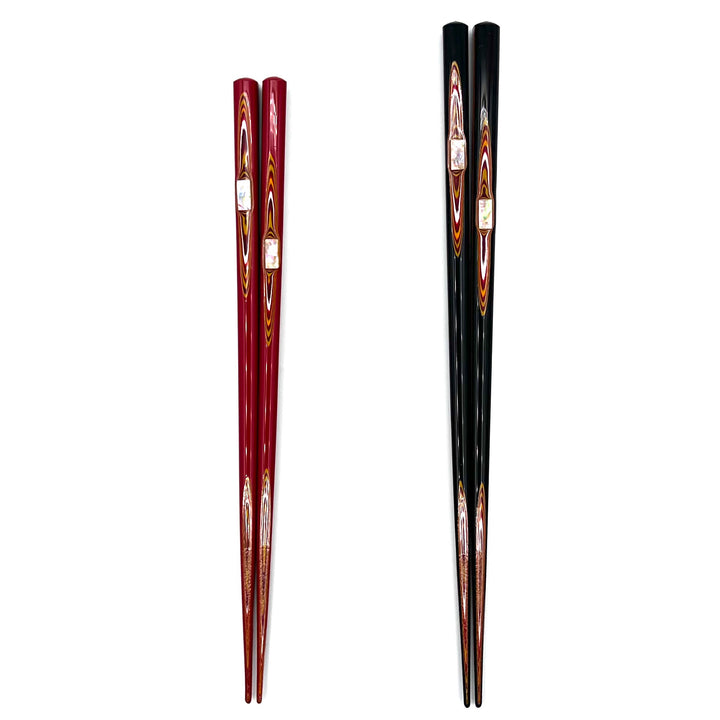 Wakasa-Nuri Square Chopsticks with Shell Accent and Carved Wood Pattern