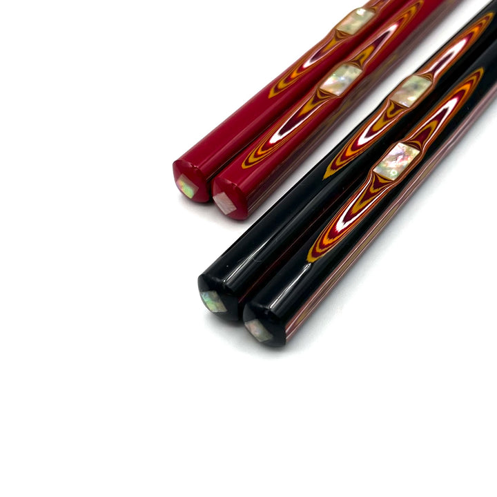 Wakasa-Nuri Square Chopsticks with Shell Accent and Carved Wood Pattern