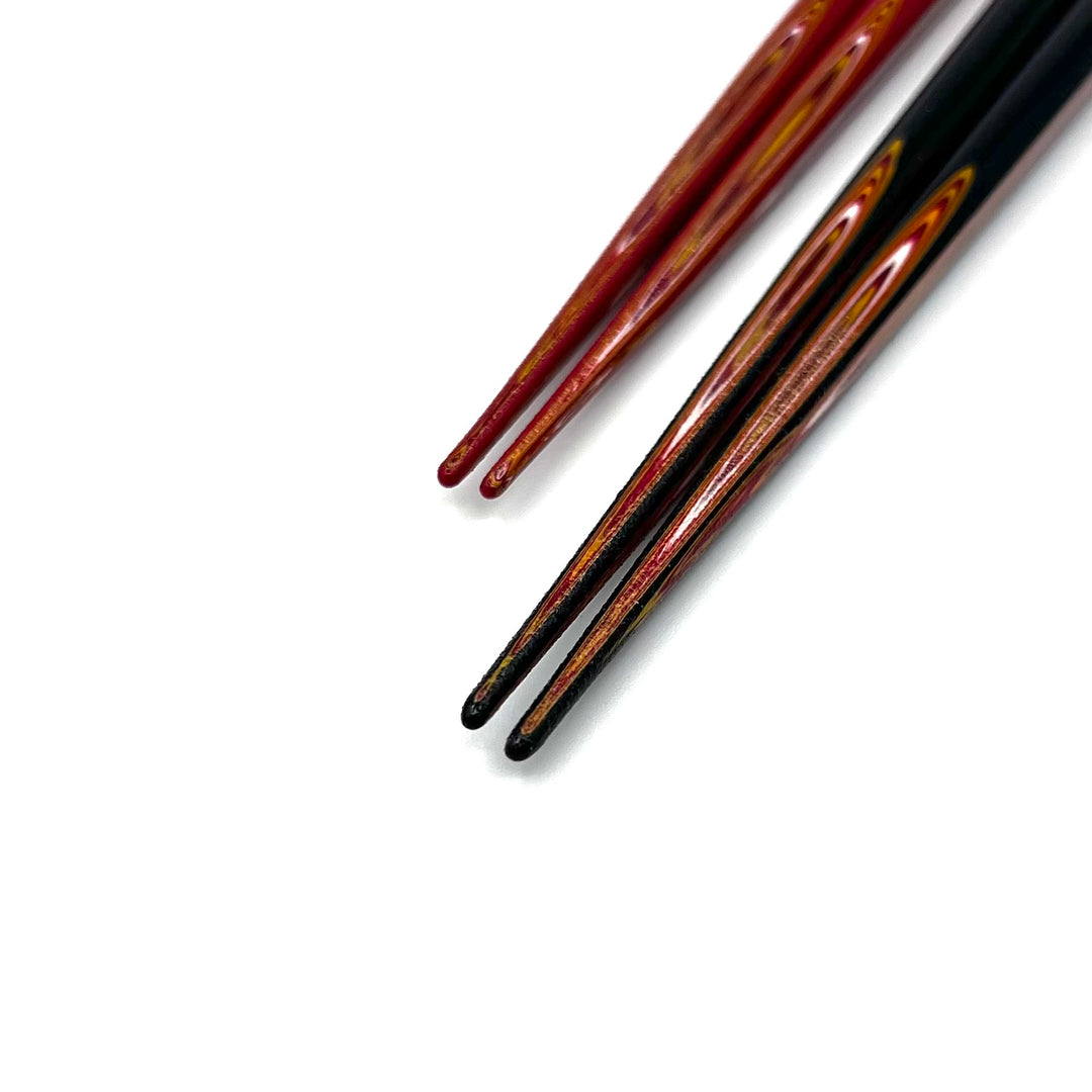 Wakasa-Nuri Square Chopsticks with Shell Accent and Carved Wood Pattern