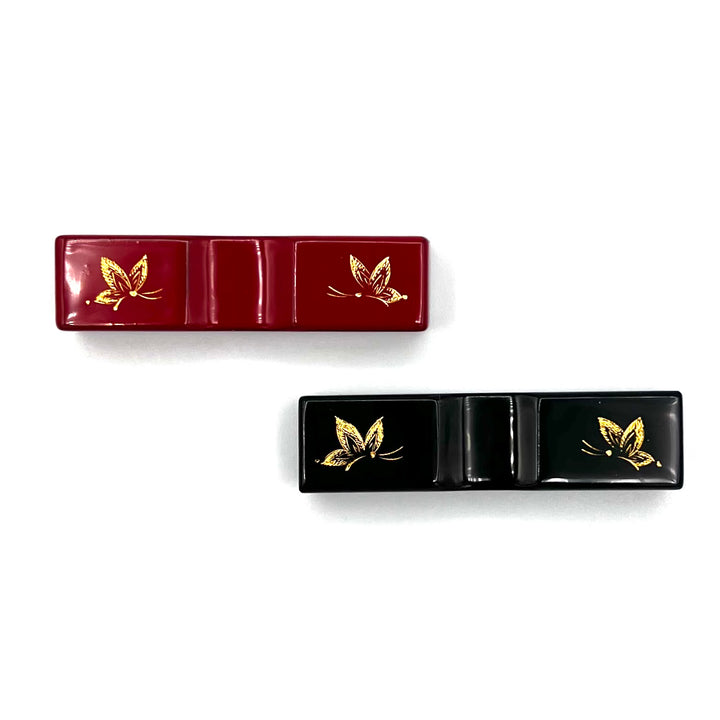 Kawatsura Lacquerware Chopsticks with Textured Dry Lacquer Tips and Butterfly Design, with Matching Chopstick Rest (Engravable, in Paulownia Box)