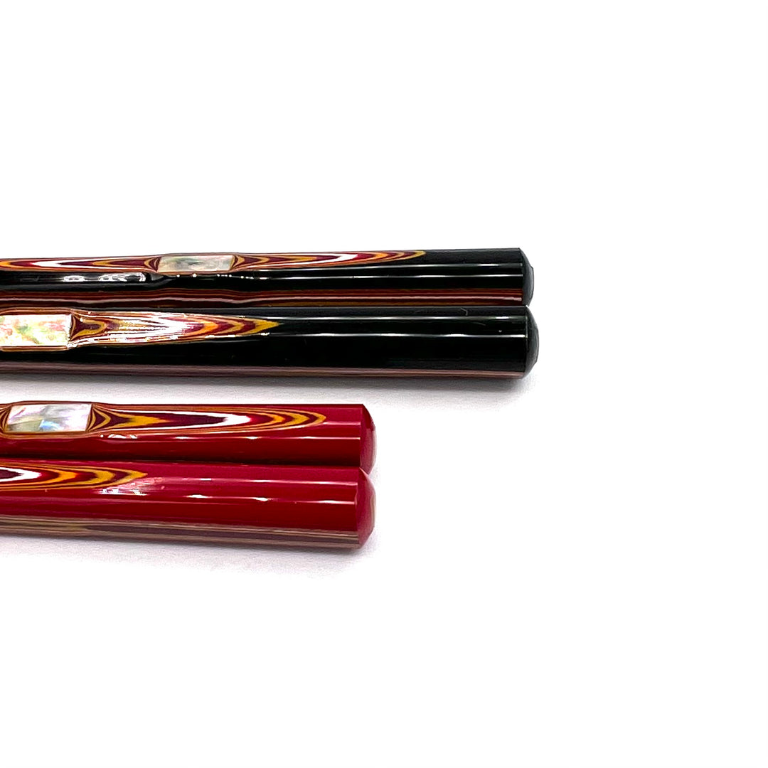 Wakasa-Nuri Square Chopsticks with Shell Accent and Carved Wood Pattern