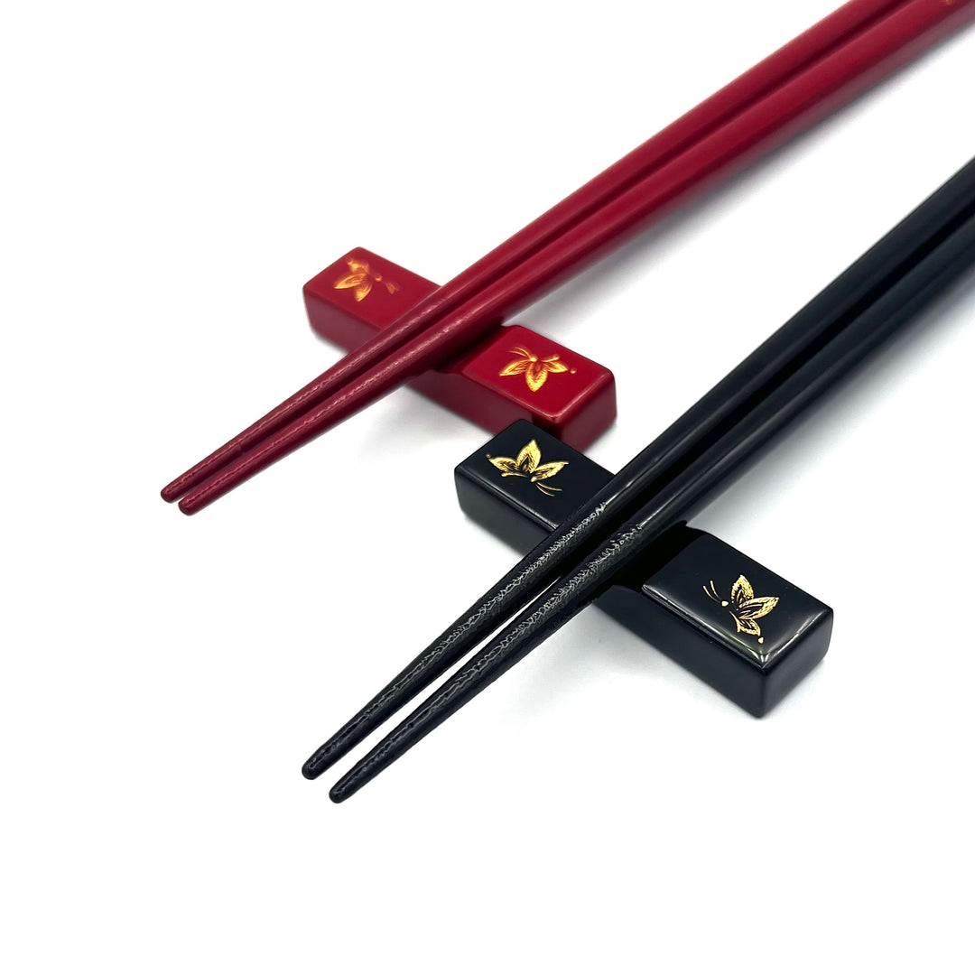 Kawatsura Lacquerware Chopsticks with Textured Dry Lacquer Tips and Butterfly Design, with Matching Chopstick Rest (Engravable)