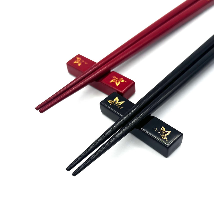 Kawatsura Lacquerware Chopsticks with Textured Dry Lacquer Tips and Butterfly Design, with Matching Chopstick Rest (Engravable)
