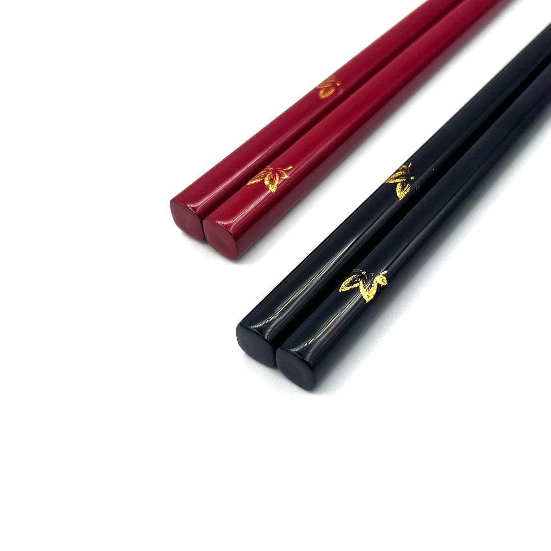 Kawatsura Lacquerware Chopsticks with Textured Dry Lacquer Tips and Butterfly Design, with Matching Chopstick Rest (Engravable)