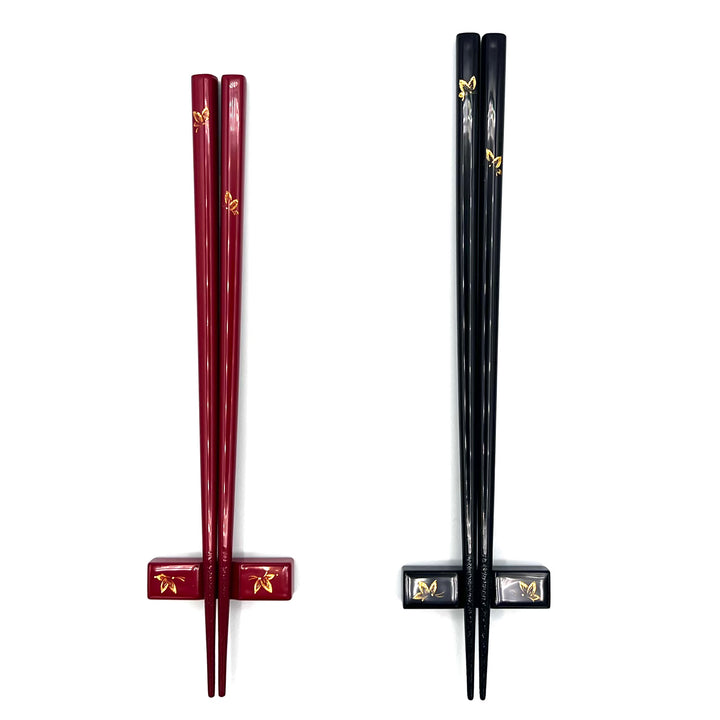 Kawatsura Lacquerware Chopsticks with Textured Dry Lacquer Tips and Butterfly Design, with Matching Chopstick Rest (Engravable)