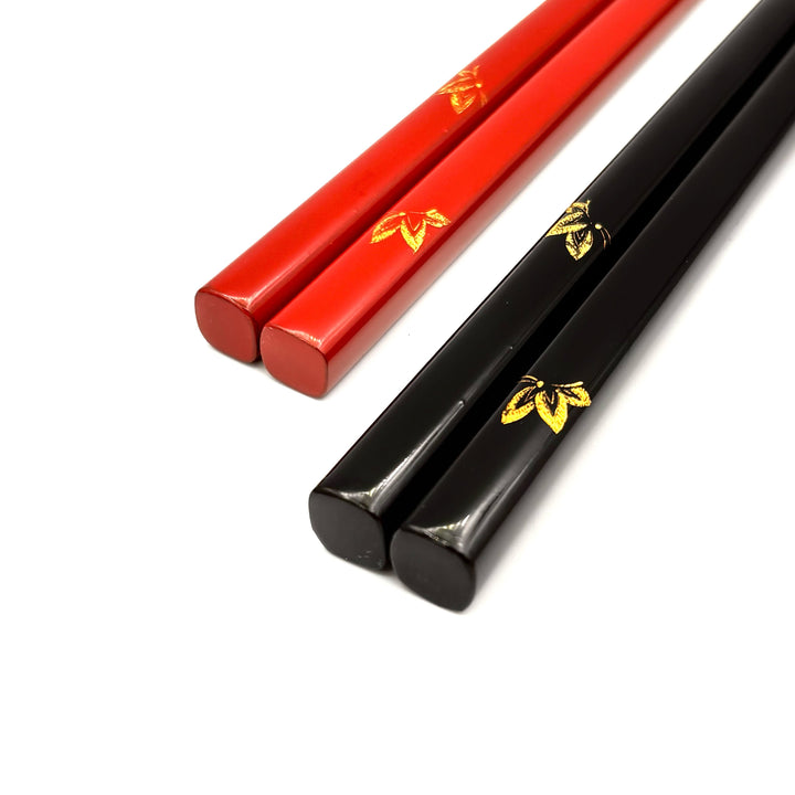 Kawatsura Lacquerware Chopsticks with Textured Dry Lacquer Tips and Butterfly Design, with Matching Chopstick Rest (Engravable, in Paulownia Box)