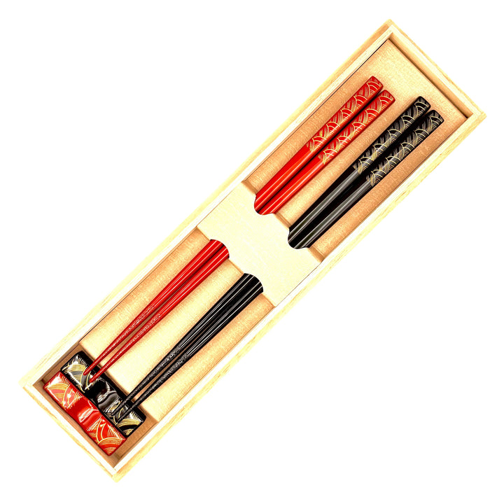 Kawatsura Lacquerware Chopsticks with Textured Dry Lacquer Tips and Ocean Waves Design, with Matching Chopstick Rest (Engravable, in Paulownia Box)