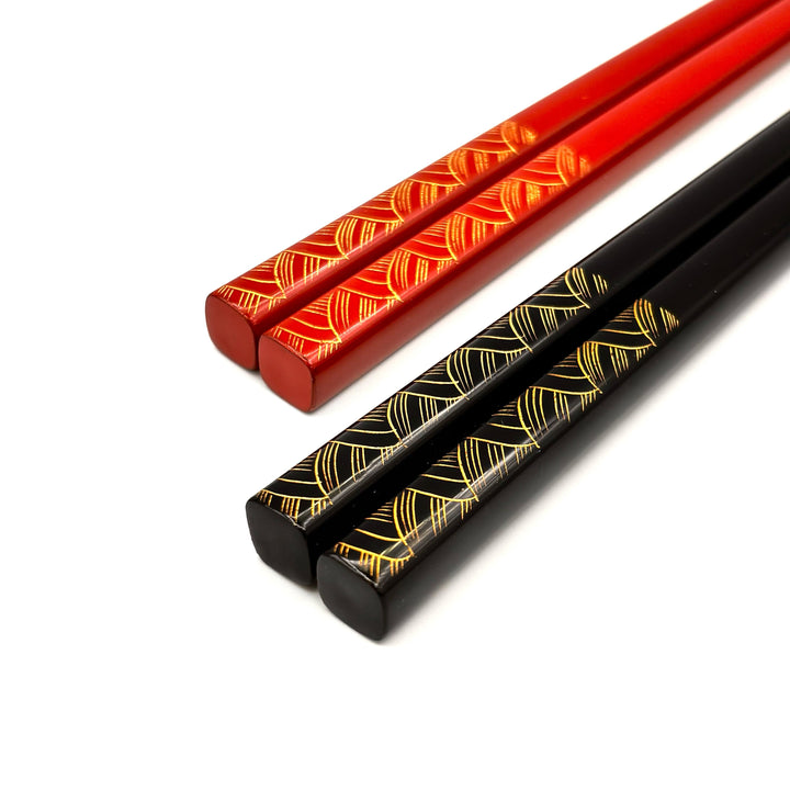 Kawatsura Lacquerware Chopsticks with Textured Dry Lacquer Tips and Ocean Waves Design, with Matching Chopstick Rest (Engravable, in Paulownia Box)
