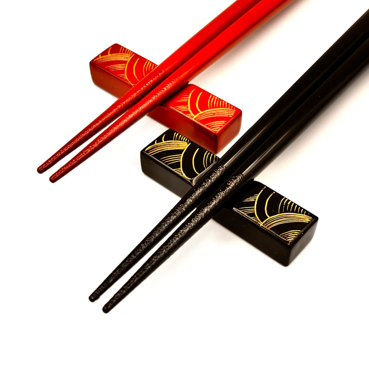 Kawatsura Lacquerware Chopsticks with Textured Dry Lacquer Tips and Ocean Waves Design, with Matching Chopstick Rest (Engravable, in Paulownia Box)