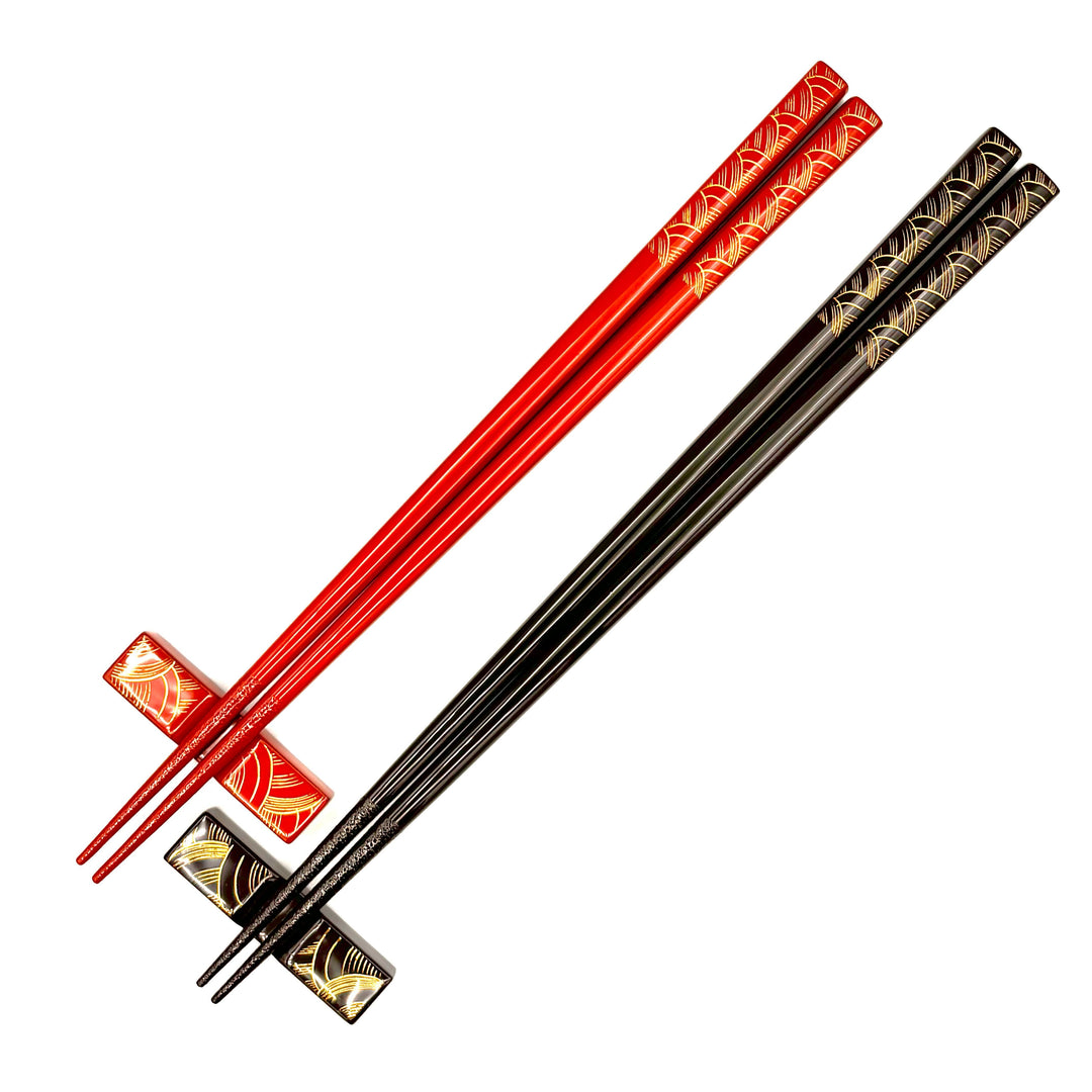 Kawatsura Lacquerware Chopsticks with Textured Dry Lacquer Tips and Ocean Waves Design, with Matching Chopstick Rest (Engravable, in Paulownia Box)