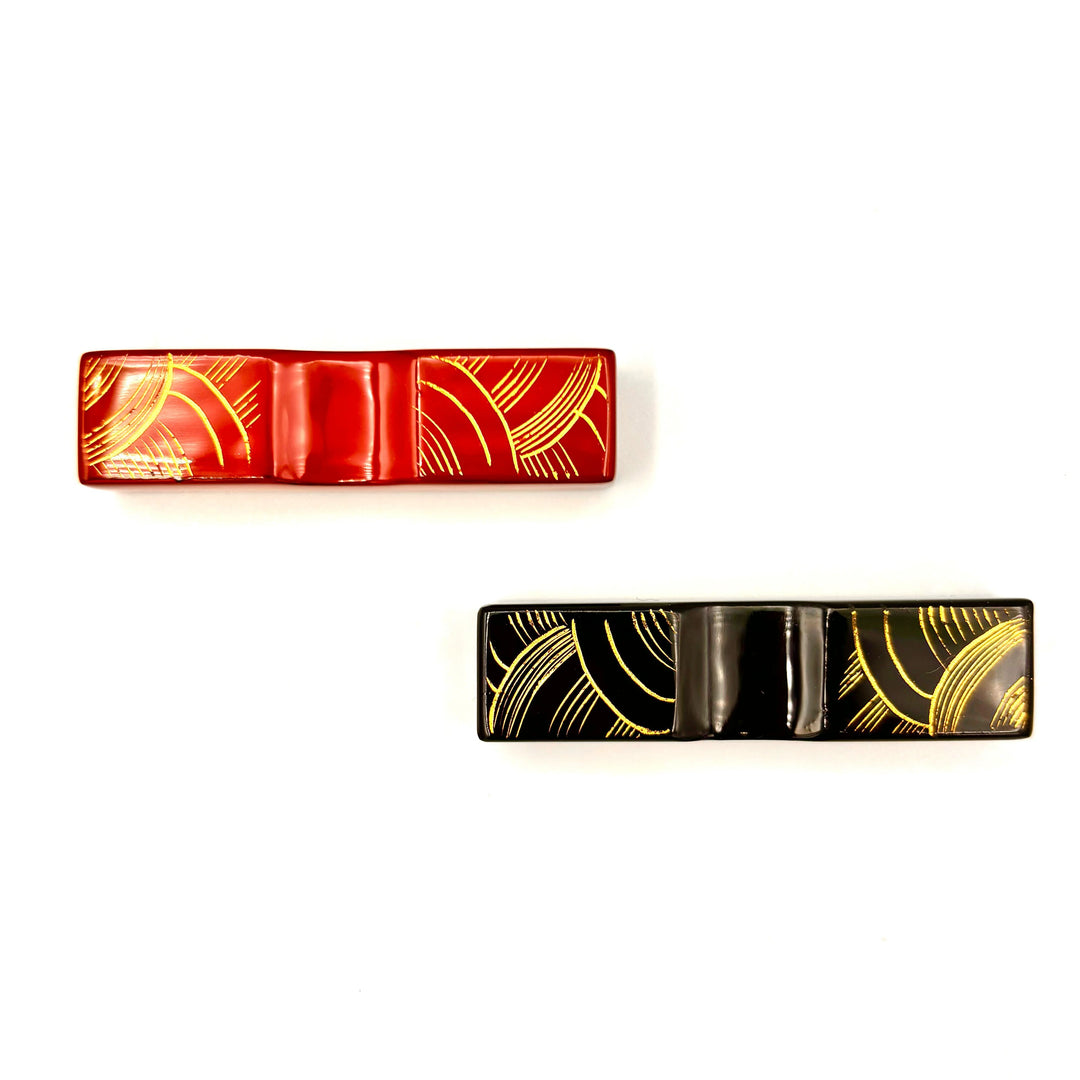 Kawatsura Lacquerware Chopsticks with Textured Dry Lacquer Tips and Ocean Waves Design, with Matching Chopstick Rest (Engravable, in Paulownia Box)