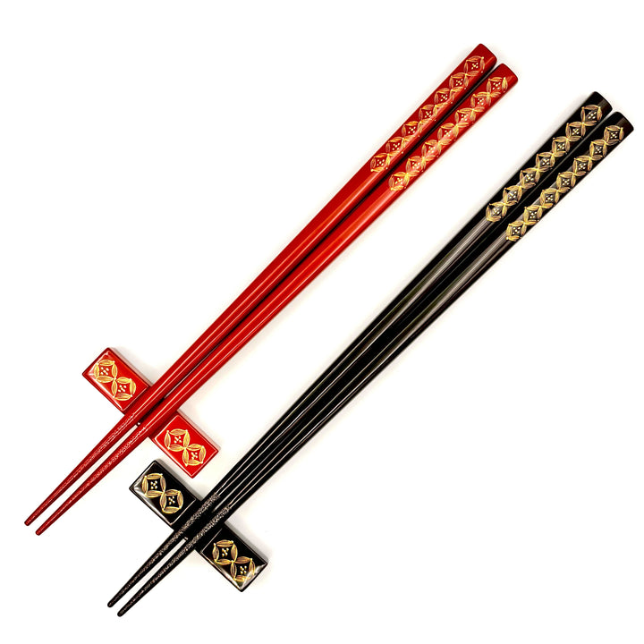Kawatsura Lacquerware Chopsticks with Textured Dry Lacquer Tips and Seven Treasures Interlocking Ring Design, with Matching Chopstick Rest (Engravable, in Paulownia Box)