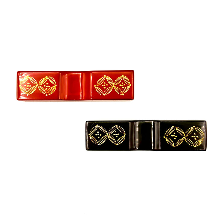 Kawatsura Lacquerware Chopsticks with Textured Dry Lacquer Tips and Seven Treasures Interlocking Ring Design, with Matching Chopstick Rest (Engravable, in Paulownia Box)