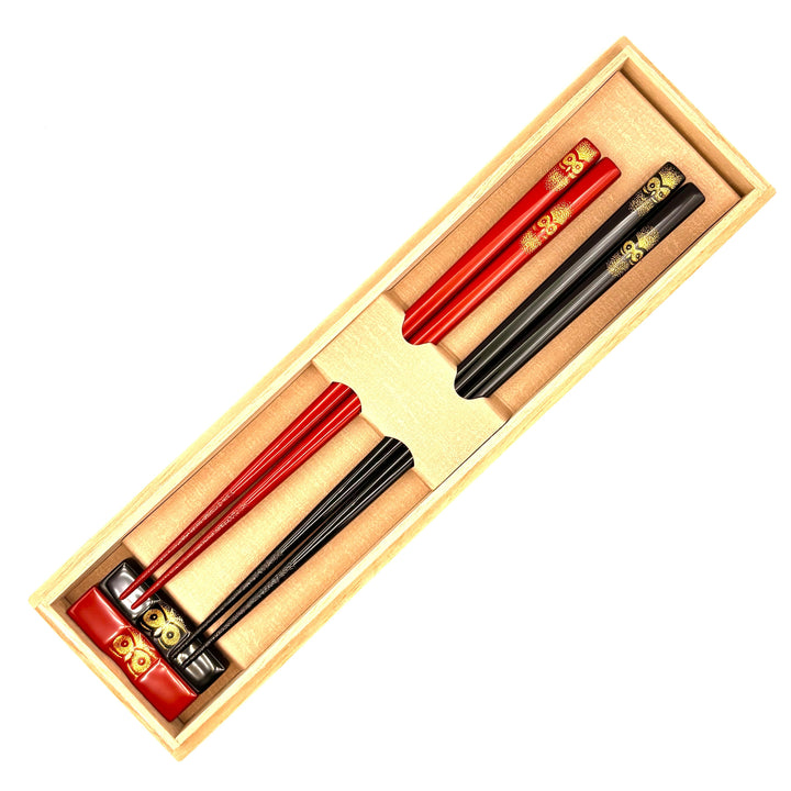 Kawatsura Lacquerware Chopsticks with Textured Dry Lacquer Tips and Owl Design, with Matching Chopstick Rest (Engravable, in Paulownia Box)