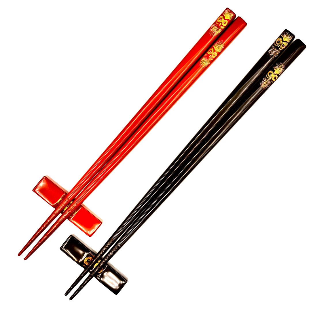 Kawatsura Lacquerware Chopsticks with Textured Dry Lacquer Tips and Owl Design, with Matching Chopstick Rest (Engravable, in Paulownia Box)