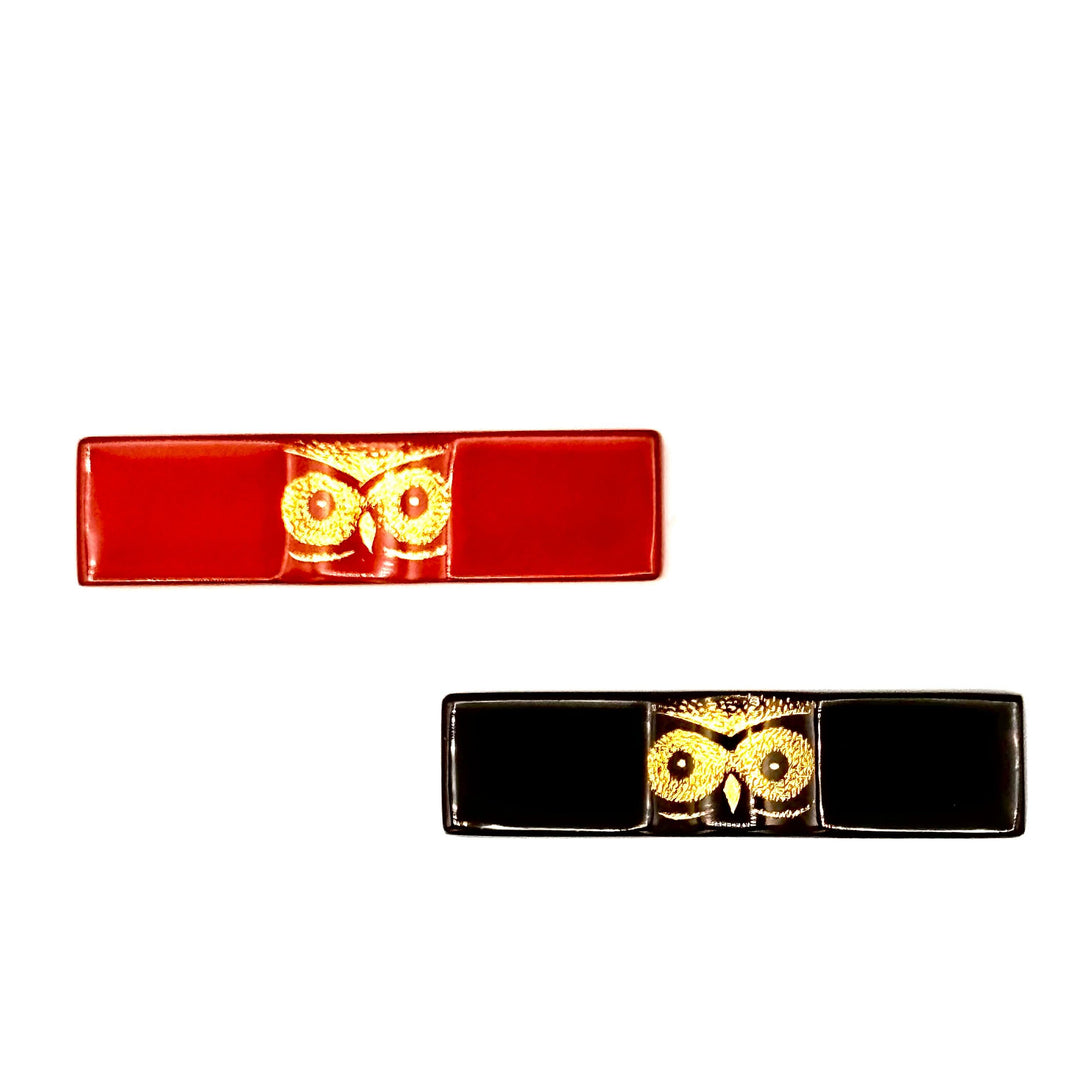 Kawatsura Lacquerware Chopsticks with Textured Dry Lacquer Tips and Owl Design, with Matching Chopstick Rest (Engravable, in Paulownia Box)