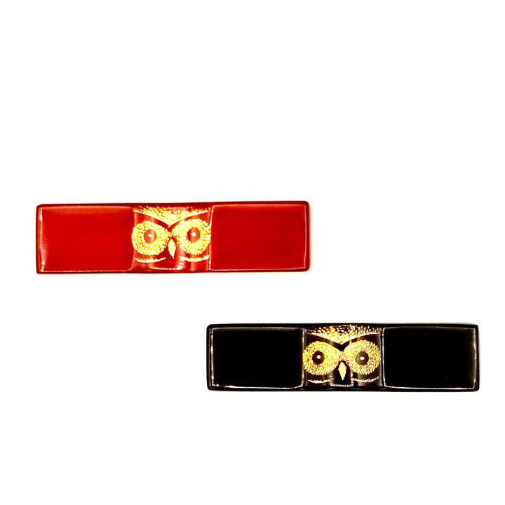 Kawatsura Lacquerware Chopsticks with Textured Dry Lacquer Tips and Owl Design, with Matching Chopstick Rest (Engravable, in Paulownia Box)