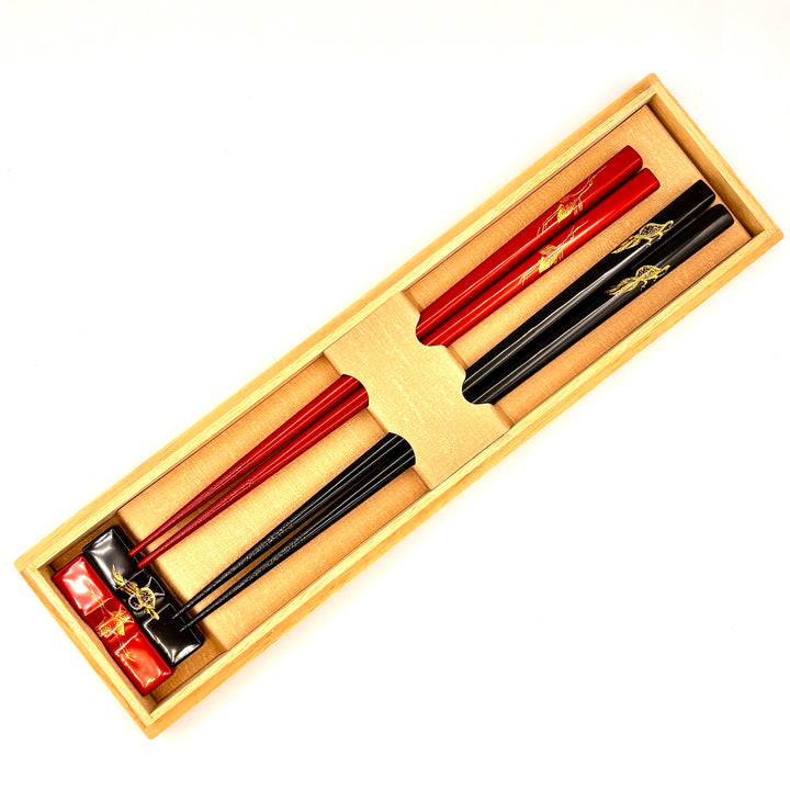 Kawatsura Lacquerware Chopsticks with Textured Dry Lacquer Tips and Crane and Turtle Design, with Matching Chopstick Rest (Engravable, in Paulownia Box)