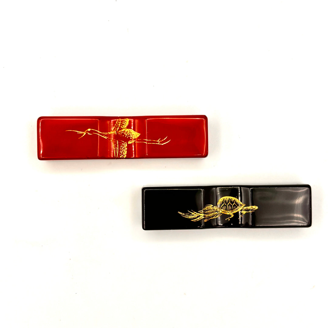 Kawatsura Lacquerware Chopsticks with Textured Dry Lacquer Tips and Crane and Turtle Design, with Matching Chopstick Rest (Engravable, in Paulownia Box)