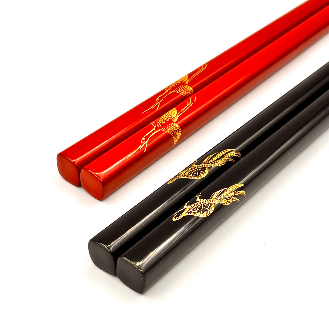 Kawatsura Lacquerware Chopsticks with Textured Dry Lacquer Tips and Crane and Turtle Design, with Matching Chopstick Rest (Engravable, in Paulownia Box)