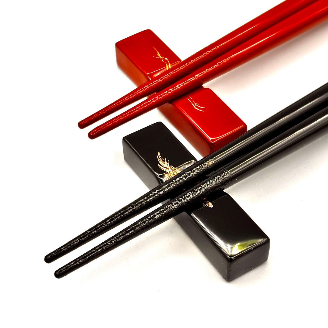 Kawatsura Lacquerware Chopsticks with Textured Dry Lacquer Tips and Crane and Turtle Design, with Matching Chopstick Rest (Engravable, in Paulownia Box)