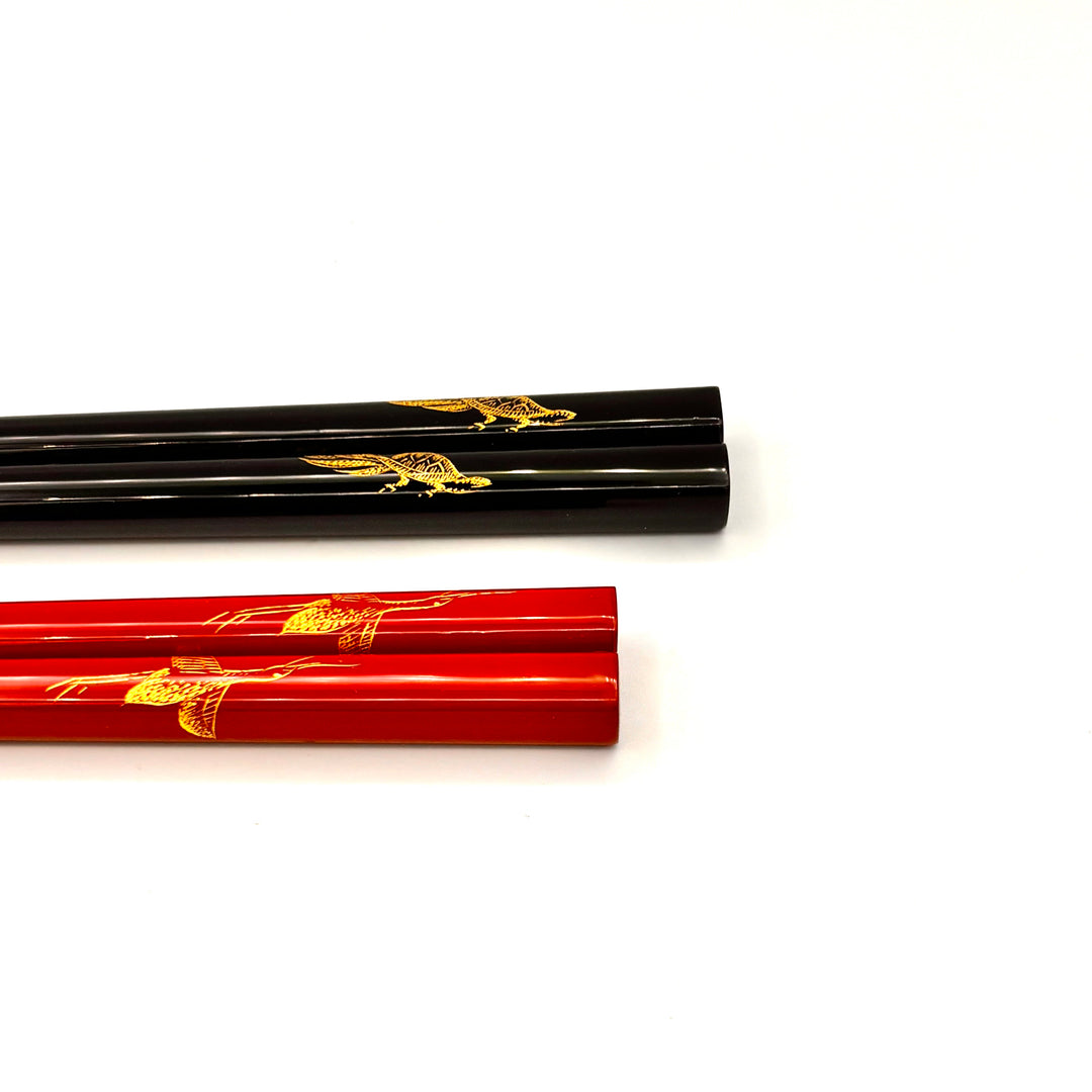 Kawatsura Lacquerware Chopsticks with Textured Dry Lacquer Tips and Crane and Turtle Design, with Matching Chopstick Rest (Engravable, in Paulownia Box)