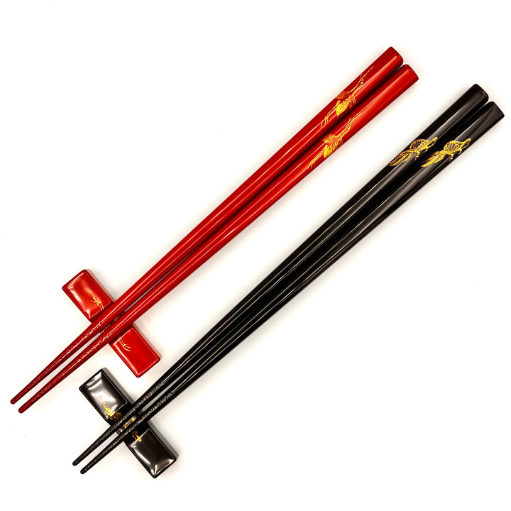 Kawatsura Lacquerware Chopsticks with Textured Dry Lacquer Tips and Crane and Turtle Design, with Matching Chopstick Rest (Engravable, in Paulownia Box)