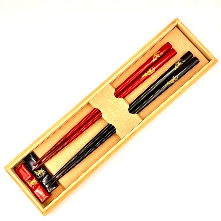 Kawatsura Lacquerware Chopsticks with Textured Dry Lacquer Tips and Sea Bream Design, with Matching Chopstick Rest (Engravable, in Paulownia Box)