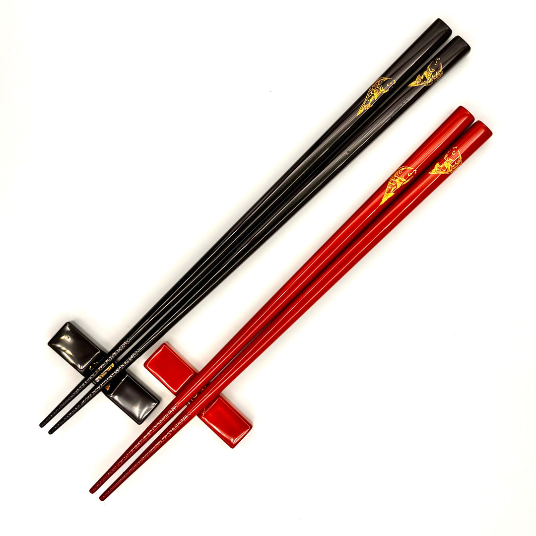 Kawatsura Lacquerware Chopsticks with Textured Dry Lacquer Tips and Sea Bream Design, with Matching Chopstick Rest (Engravable, in Paulownia Box)