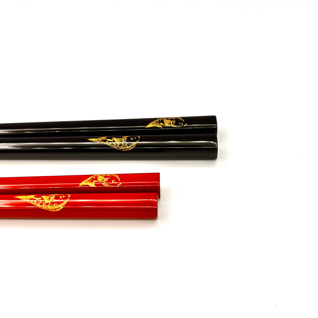 Kawatsura Lacquerware Chopsticks with Textured Dry Lacquer Tips and Sea Bream Design, with Matching Chopstick Rest (Engravable, in Paulownia Box)