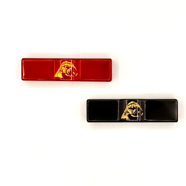 Kawatsura Lacquerware Chopsticks with Textured Dry Lacquer Tips and Sea Bream Design, with Matching Chopstick Rest (Engravable, in Paulownia Box)