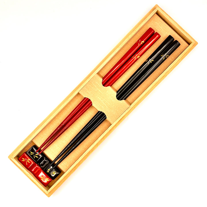 Kawatsura Lacquerware Chopsticks with Textured Dry Lacquer Tips and Dragonfly Motif Design, with Matching Chopstick Rest (Engravable, in Paulownia Box)