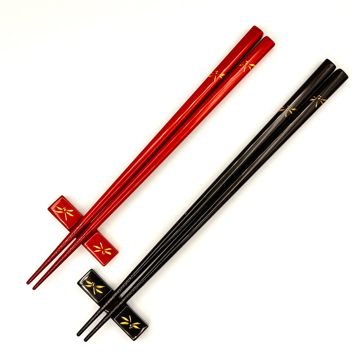 Kawatsura Lacquerware Chopsticks with Textured Dry Lacquer Tips and Dragonfly Motif Design, with Matching Chopstick Rest (Engravable, in Paulownia Box)
