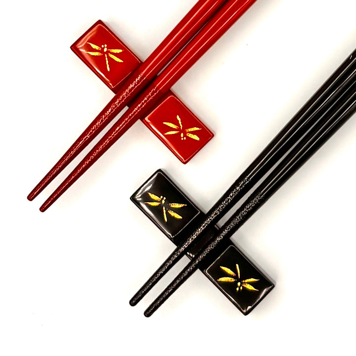 Kawatsura Lacquerware Chopsticks with Textured Dry Lacquer Tips and Dragonfly Motif Design, with Matching Chopstick Rest (Engravable, in Paulownia Box)