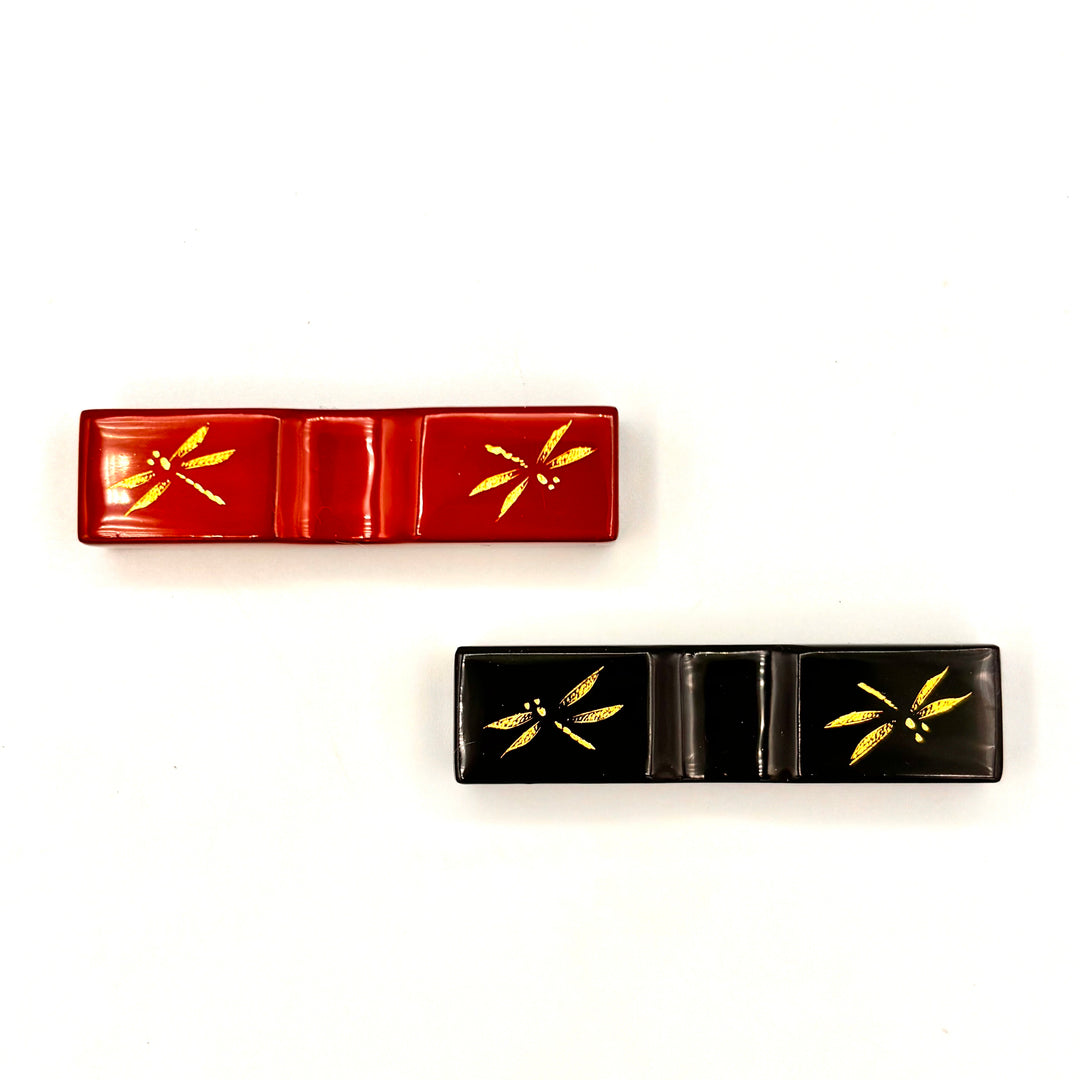 Kawatsura Lacquerware Chopsticks with Textured Dry Lacquer Tips and Dragonfly Motif Design, with Matching Chopstick Rest (Engravable, in Paulownia Box)