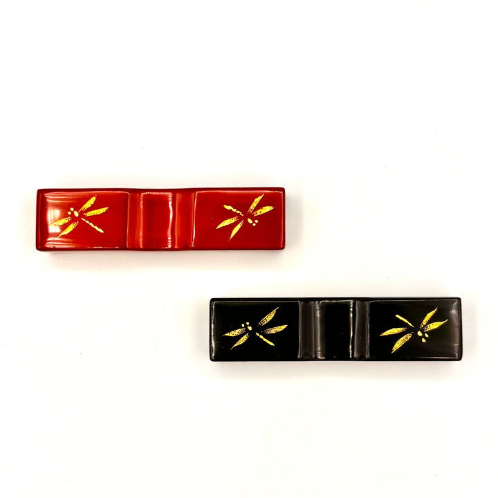 Kawatsura Lacquerware Chopsticks with Textured Dry Lacquer Tips and Dragonfly Motif Design, with Matching Chopstick Rest (Engravable, in Paulownia Box)