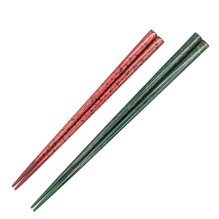 Tsugaru Lacquer Pair Chopsticks - Karu-nuri(Green＆Red) with anti-slip grip on the chopstick tips(Engravable)