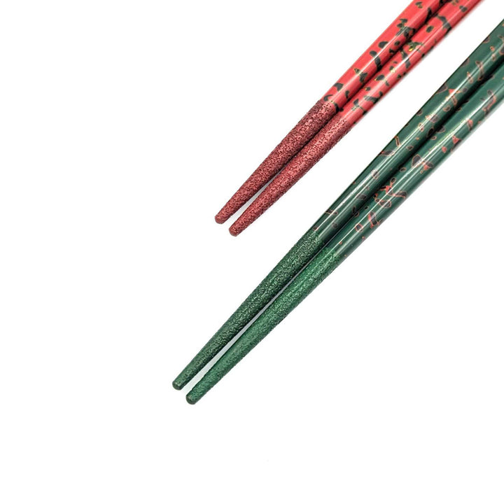 Tsugaru Lacquer Pair Chopsticks - Karu-nuri(Green＆Red) with anti-slip grip on the chopstick tips(Engravable)