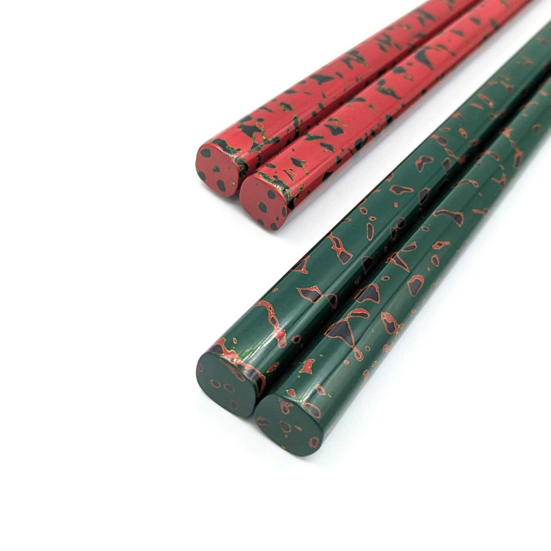Tsugaru Lacquer Pair Chopsticks - Karu-nuri(Green＆Red) with anti-slip grip on the chopstick tips(Engravable)